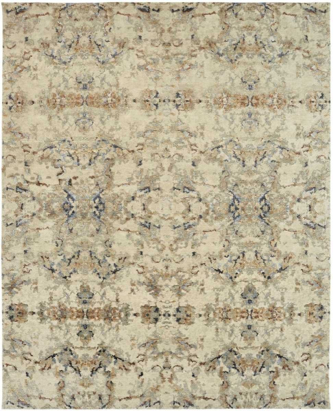 Intricate, muted neutral patterned area rug with distressed beige and brown tones.
