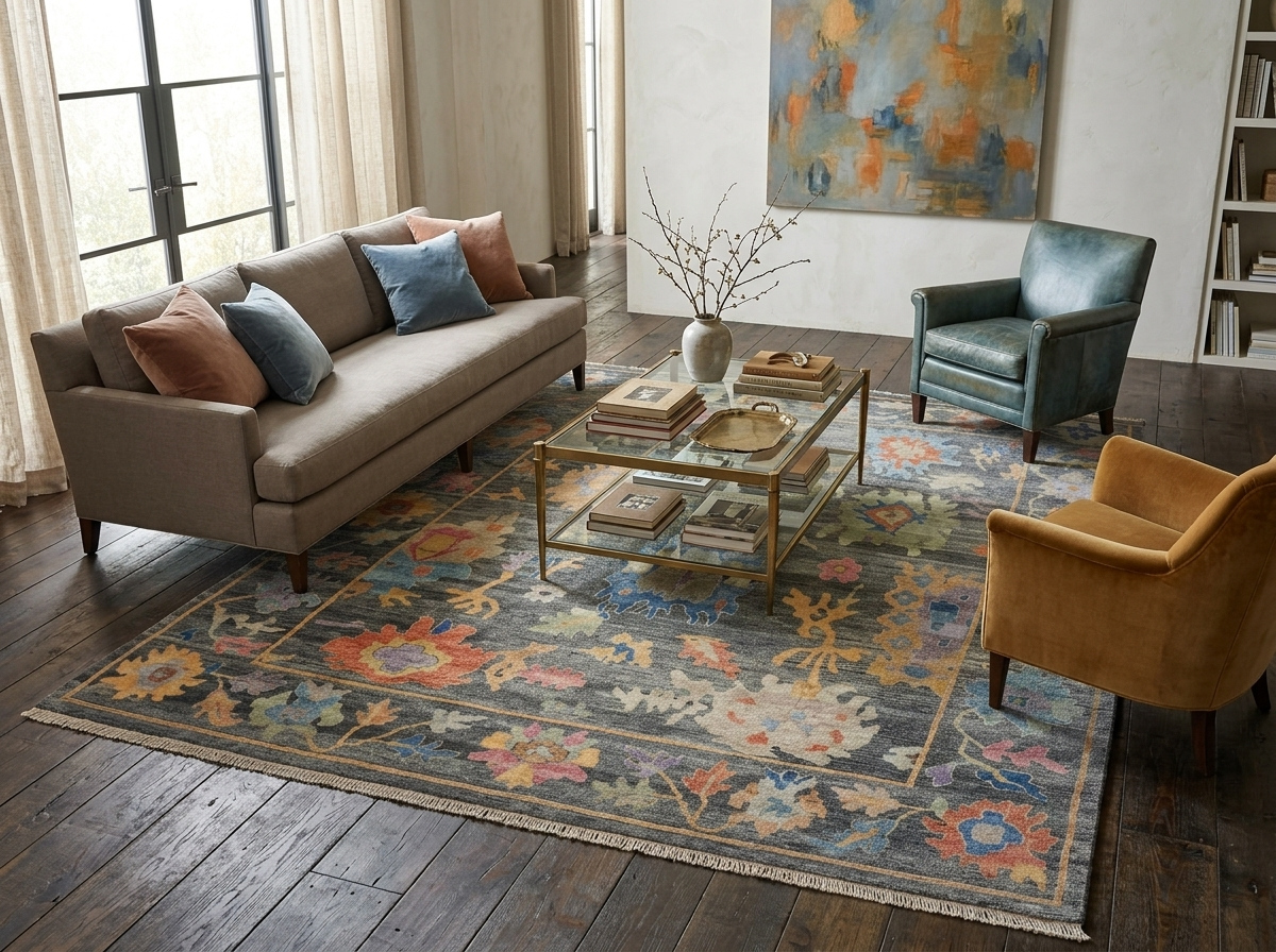 Deep charcoal grey traditional area rug decorated with vibrant floral patterns under a glass-top tiered coffee table in Casas Adobes, AZ.