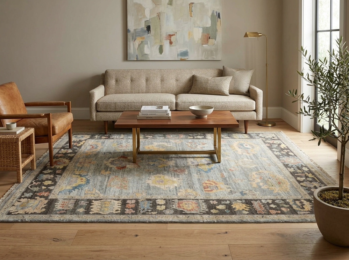 Elegant slate blue traditional area rug with a dark geometric border under a walnut coffee table in a Casas Adobes, AZ home.