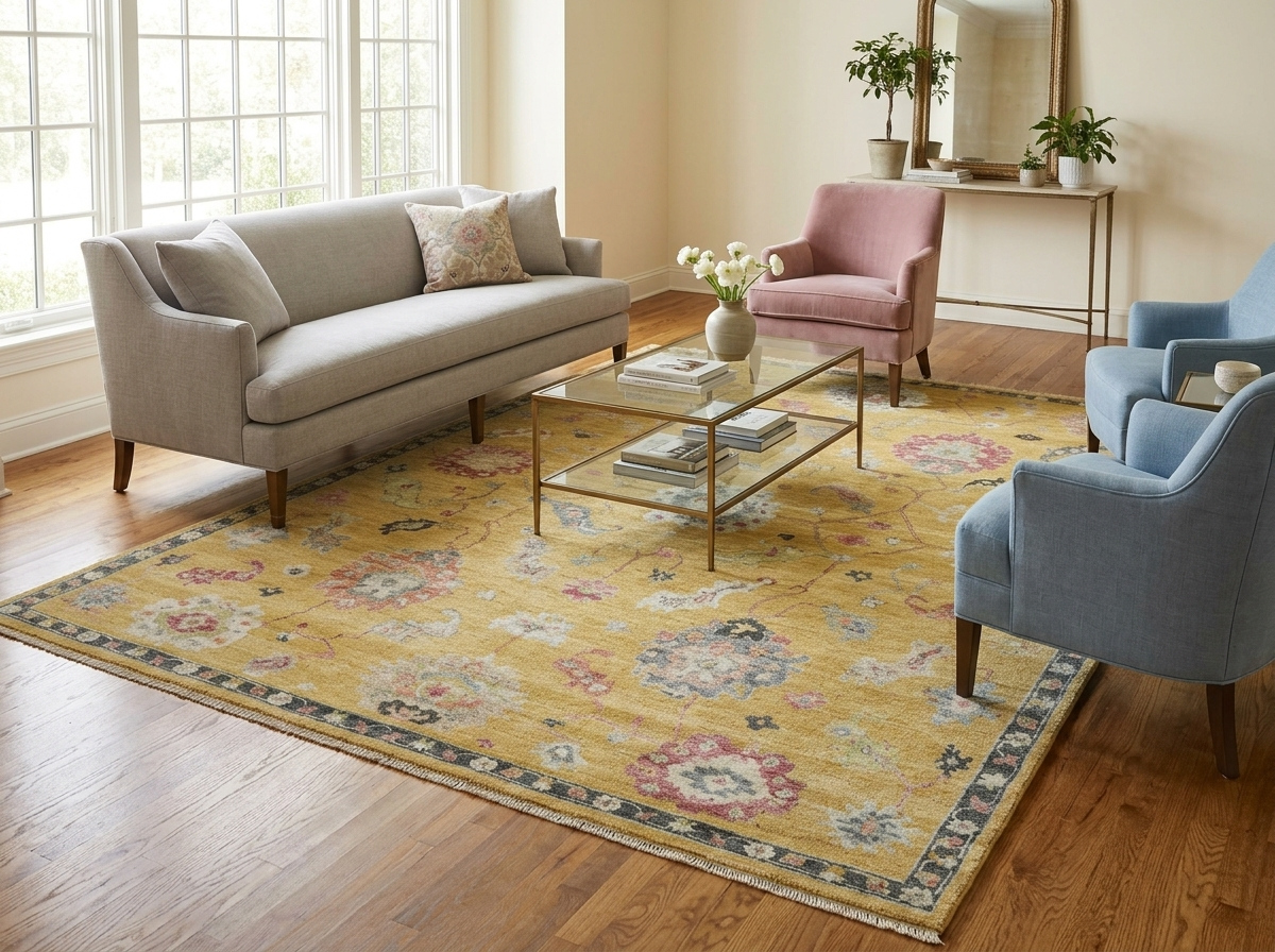Large golden yellow traditional floral area rug underneath a glass coffee table and soft blue armchairs in Casas Adobes, Arizona.