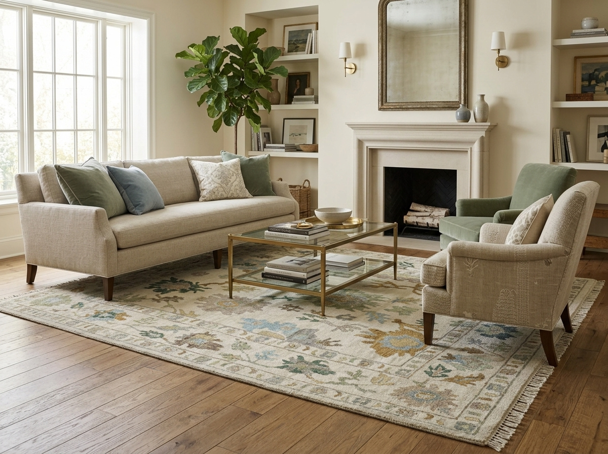 Elegant cream and multi-colored traditional area rug inside a luxury formal living room with a fireplace in Casas Adobes, Arizona.