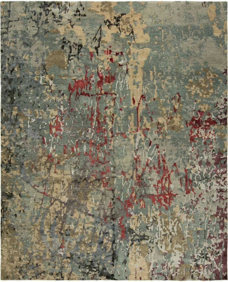 Neutral abstract area rug with distressed texture in beige, taupe, and charcoal gray.