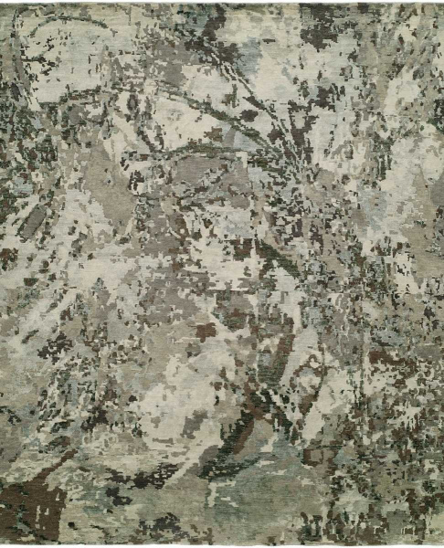 Neutral abstract area rug with a distressed texture in a palette of cream, taupe, and charcoal gray.