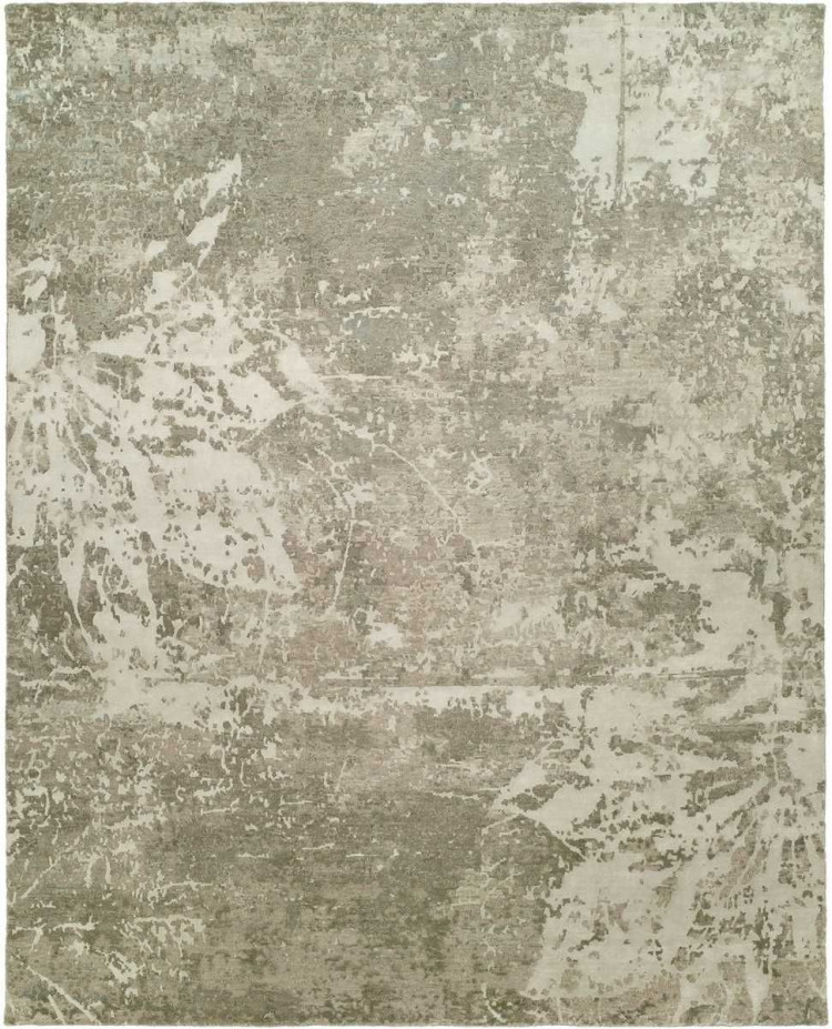 Neutral abstract area rug with a distressed texture in a palette of cream, taupe, and charcoal gray.