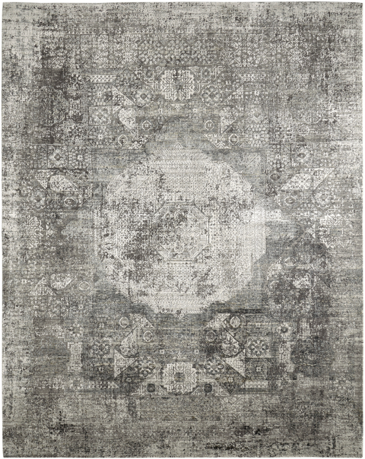 A transitional area rug featuring a distressed, monochromatic grey and off-white central medallion pattern with an intricate, antique-inspired lattice overlay.