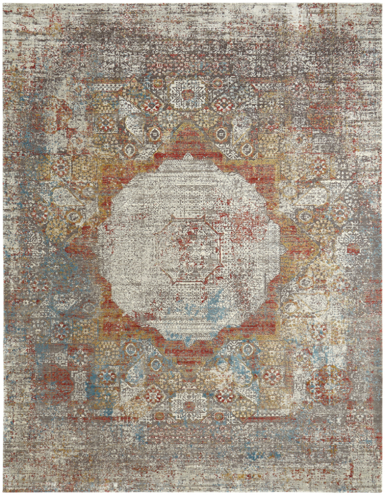 An ornate traditional area rug featuring a rich terracotta red and deep blue field with an intricate, distressed central medallion and detailed floral vine patterns, capturing an antique aesthetic.