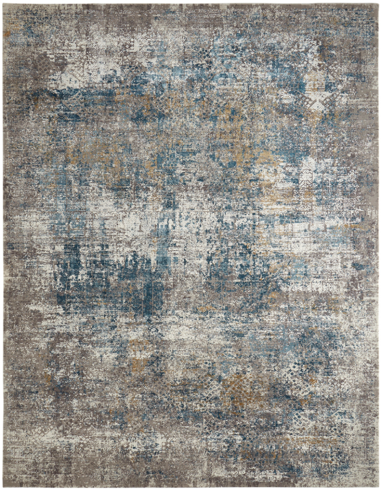 A contemporary area rug with a distressed, painterly abstract design featuring blended shades of deep blue, gold, and earthy taupe on a neutral, textured background.