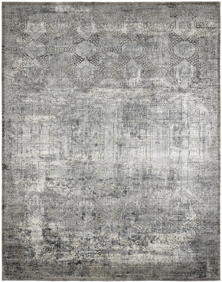 A contemporary abstract area rug with a distressed, painterly design. Showcases a sophisticated blend of deep blue, gold, and earthy brown tones on a neutral, textured background.