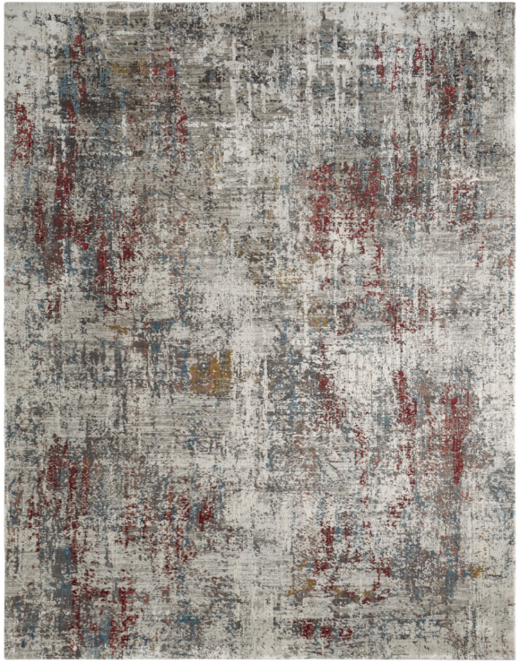 An abstract contemporary area rug with a distressed, weathered texture, featuring a layered background of cool grey and charcoal tones with bold, painterly splashes of deep crimson red and subtle hints of gold.