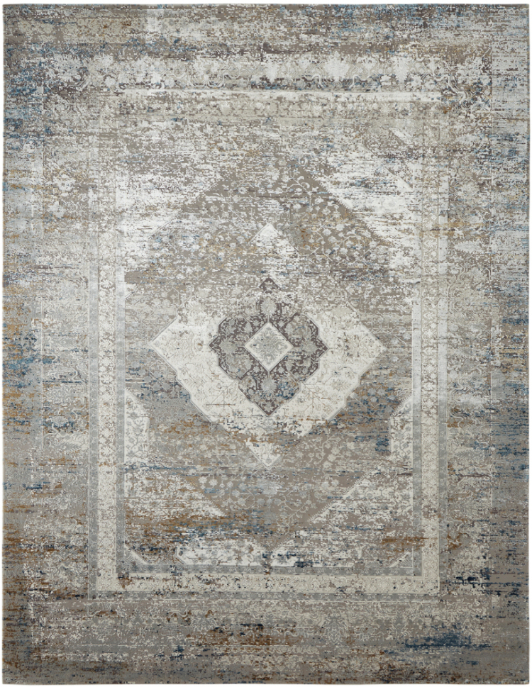 A contemporary abstract area rug featuring a distressed, painterly design in shades of cool grey, silver, and off-white, with subtle, scattered accents of gold and muted rust red.