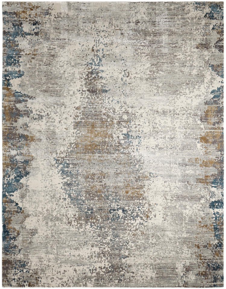 A contemporary area rug featuring a highly distressed, painterly abstract texture. The design blends creamy whites and cool greys in the center with dramatic, saturated patches of deep navy blue and earthy bronze on the edges.