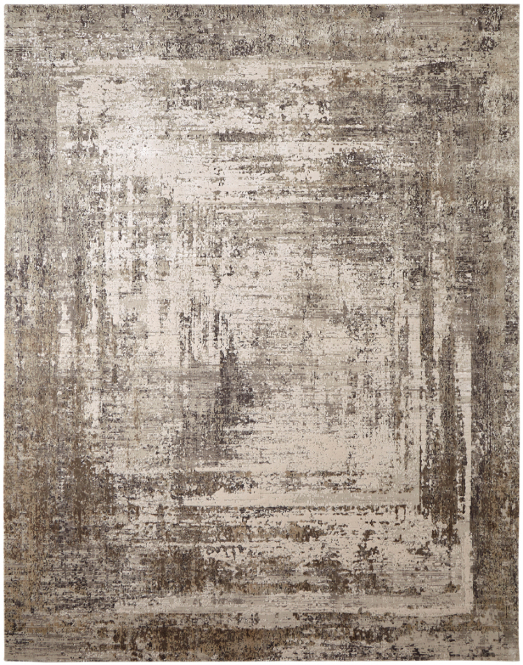 Modern abstract area rug with a distressed, weathered texture in a neutral palette of cream, taupe, and charcoal gray.