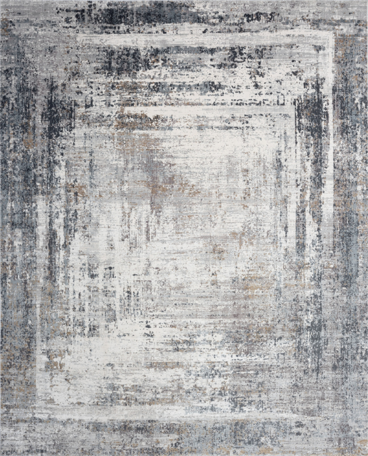 Modern abstract distressed area rug with a weathered texture in slate gray, silver, and charcoal with subtle gold accents.