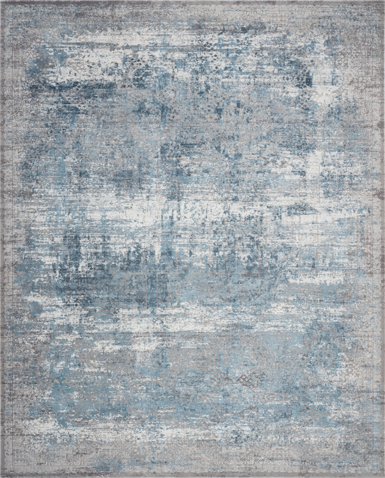 Contemporary distressed area rug with a weathered abstract design in ocean blue, slate gray, and ivory tones.