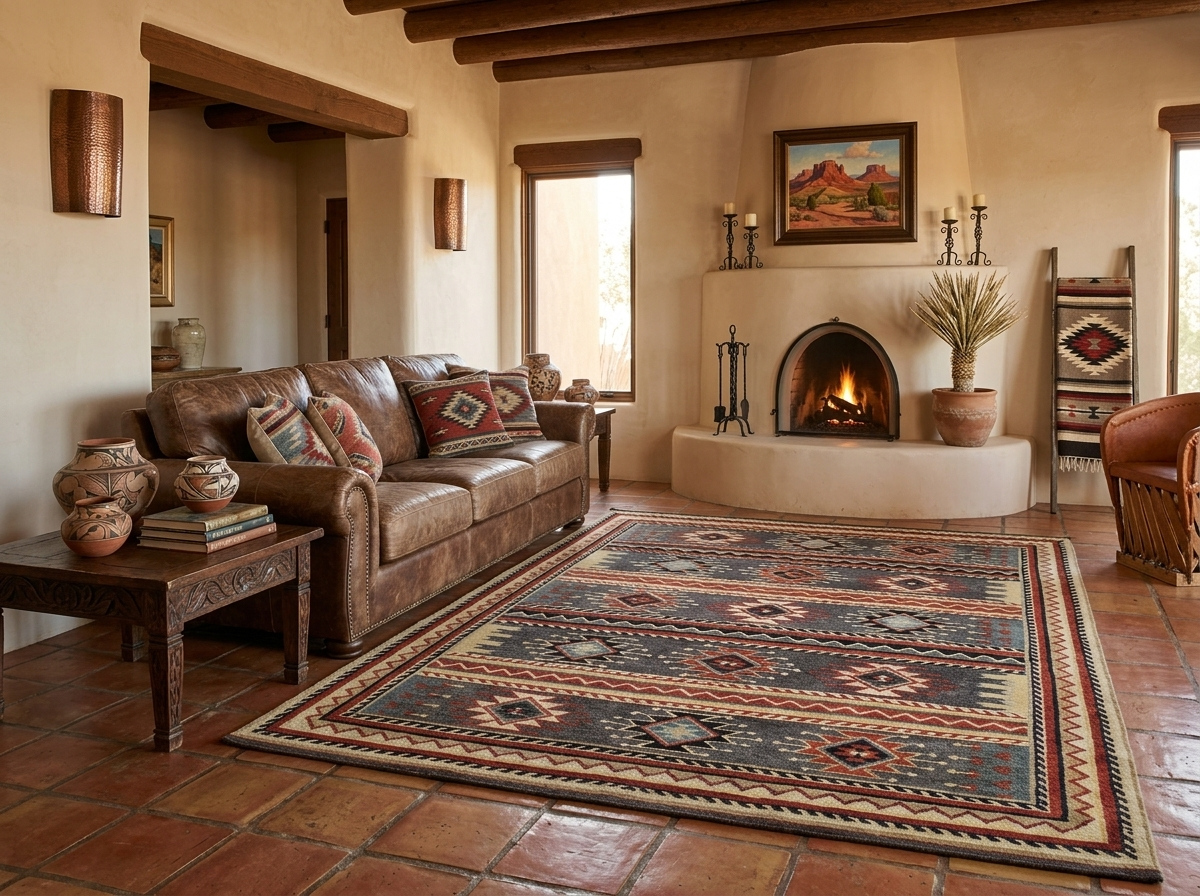 Dark slate blue and crimson red striped Southwestern area rug on a terracotta tile floor in Casas Adobes, AZ.