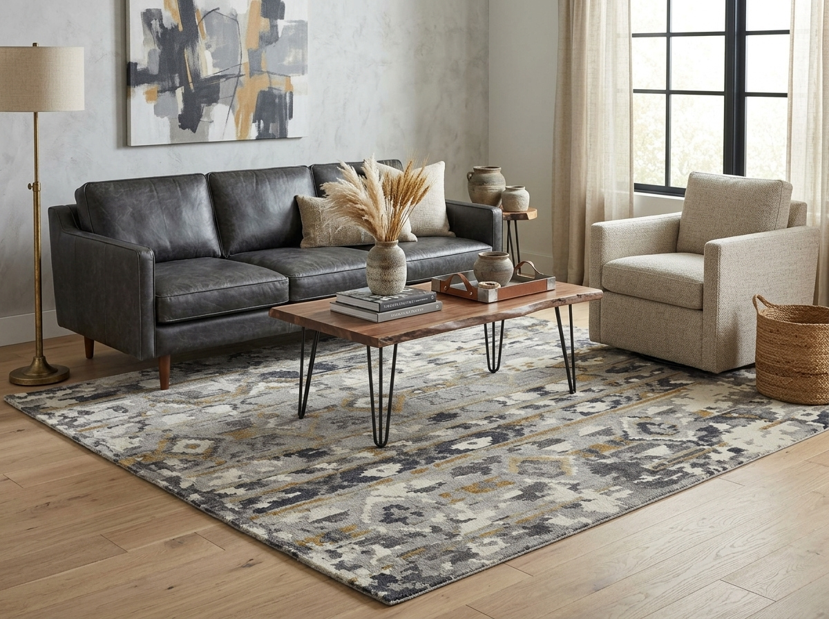 Moody grey and gold abstract geometric Southwestern area rug under a dark charcoal leather couch in Casas Adobes, AZ.