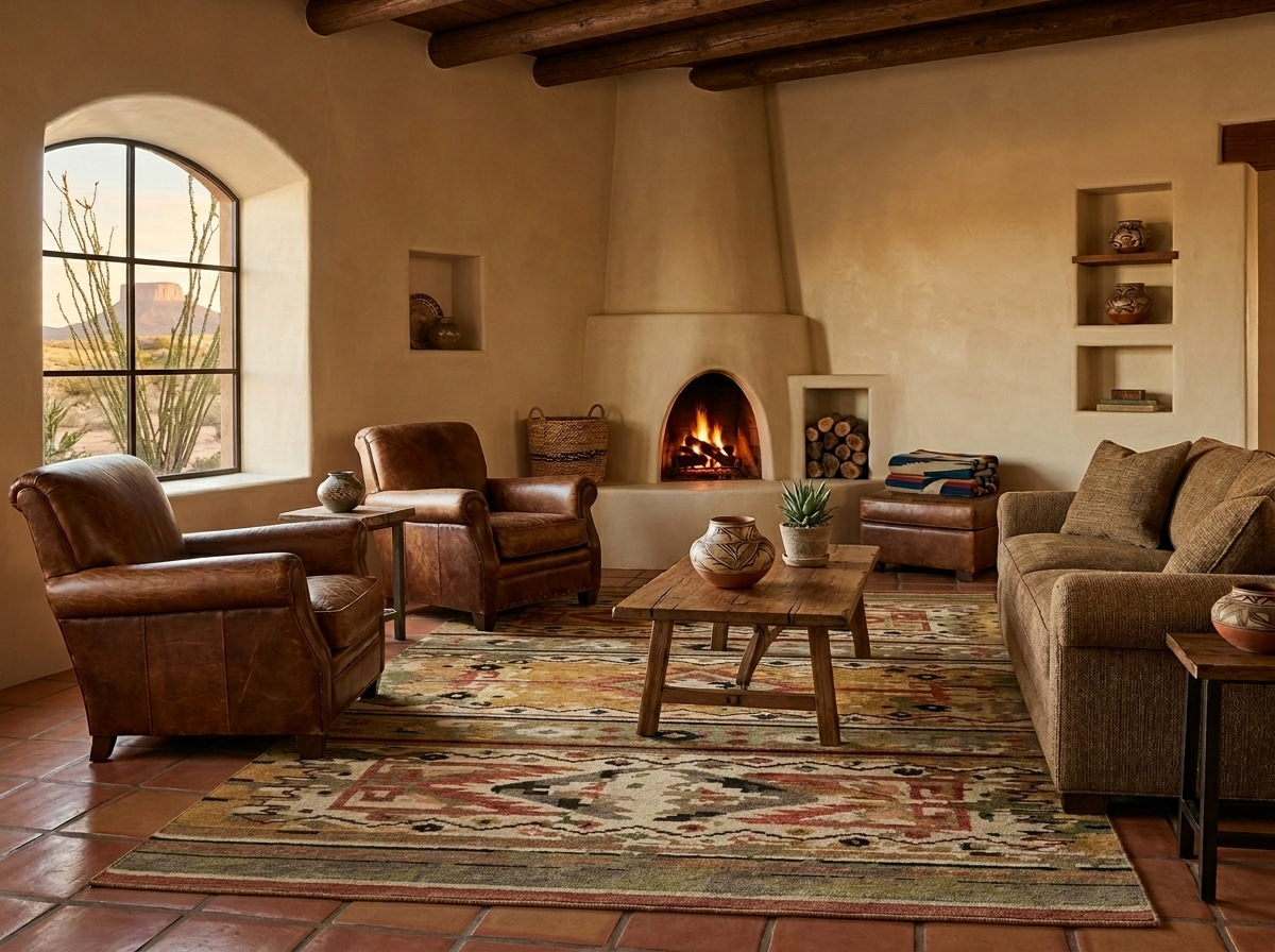 Earthy tan and olive geometric Southwestern area rug inside a classic adobe-walled home with a Kiva fireplace in Casas Adobes, AZ.
