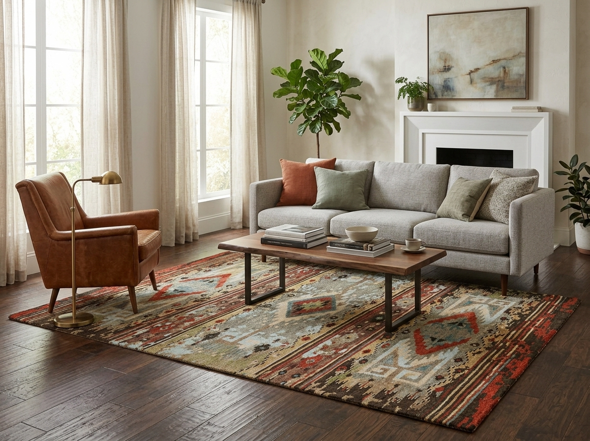 Large earth-toned multicolored geometric Southwestern area rug in a bright living room with a fireplace in Casas Adobes, Arizona.
