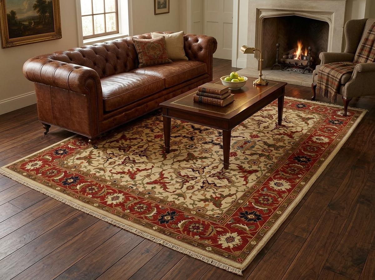 Traditional cream and red floral area rug under a dark wood coffee table in a luxury Casas Adobes, Arizona living room.