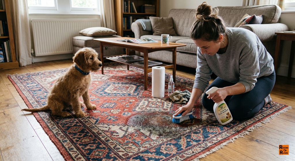 Specialized pet stain and odor removal washing process for area rugs at Room Of Rugs Tucson